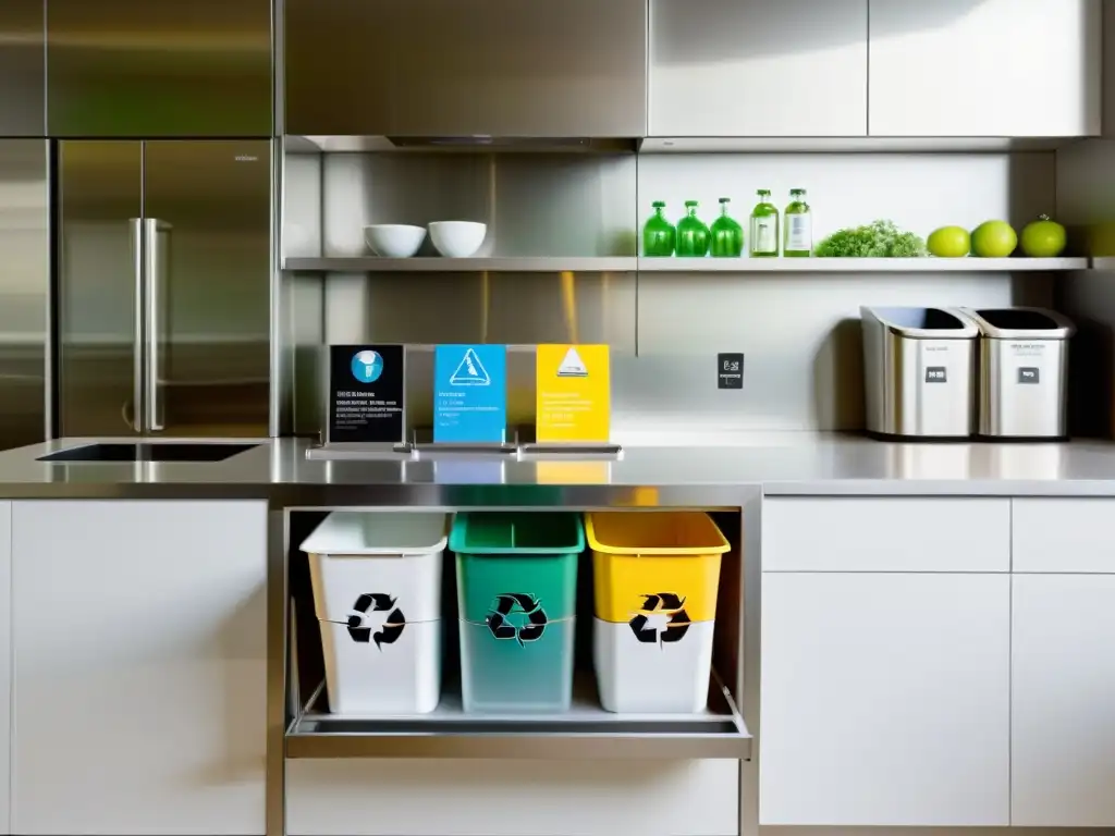 Estación de reciclaje moderna en una cocina luminosa y ordenada, con separación de residuos y gestión de residuos peligrosos hogar