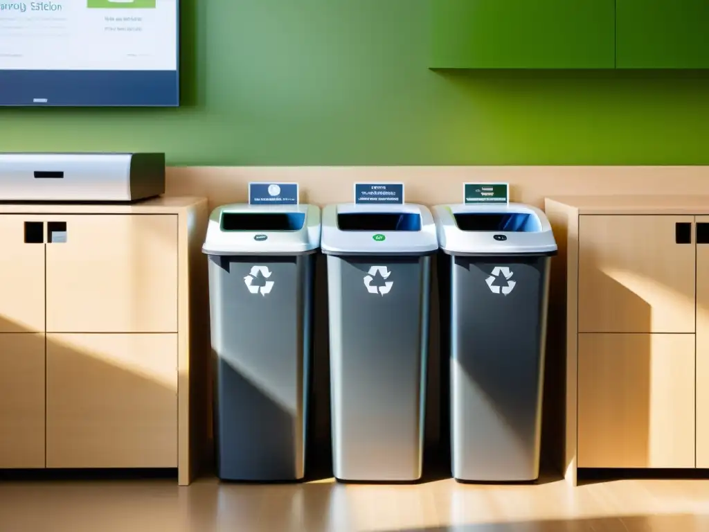 Estación de reciclaje moderna en una oficina luminosa, con separaciones para papel, plástico y vidrio