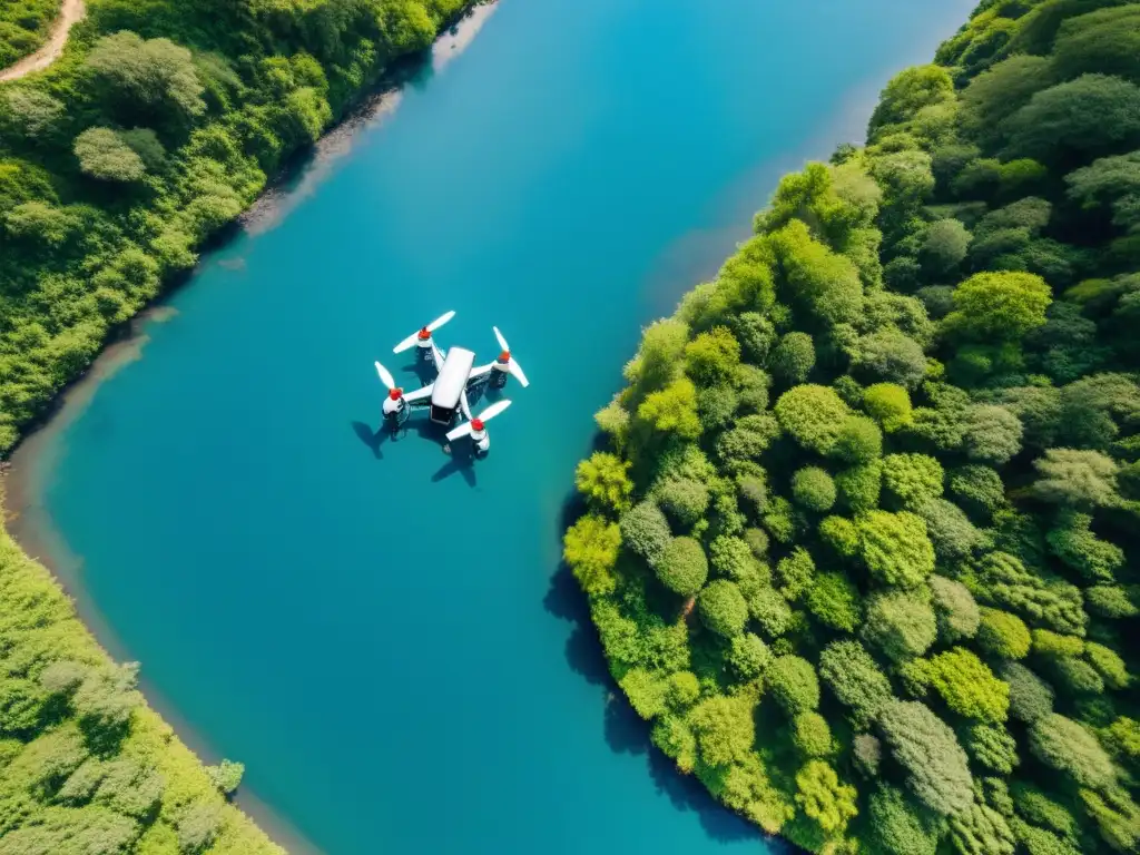 Recogida de residuos con drones en un paisaje natural remoto, resaltando la importancia de la sostenibilidad y la conservación del medio ambiente