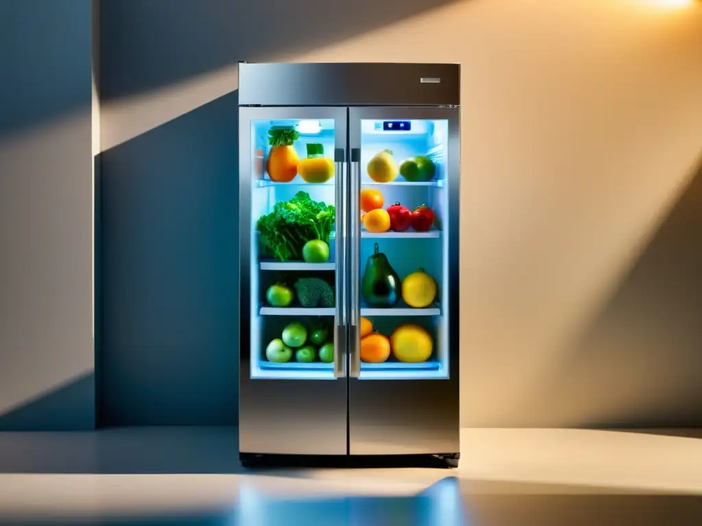 Refrigerador de acero inoxidable con diseño sostenible, exhibiendo productos frescos y contenedores ecofriendly en un ambiente moderno y sofisticado