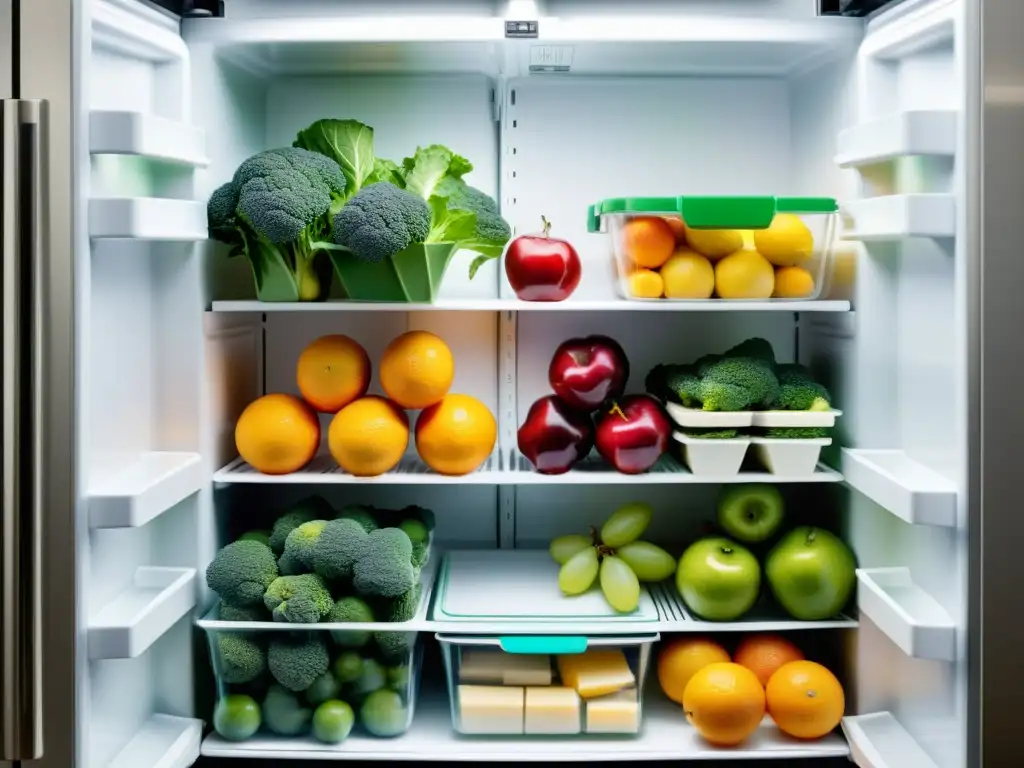 Refrigerador organizado con alimentos frescos y productos lácteos en contenedores transparentes, reducción desperdicio alimentos hogar