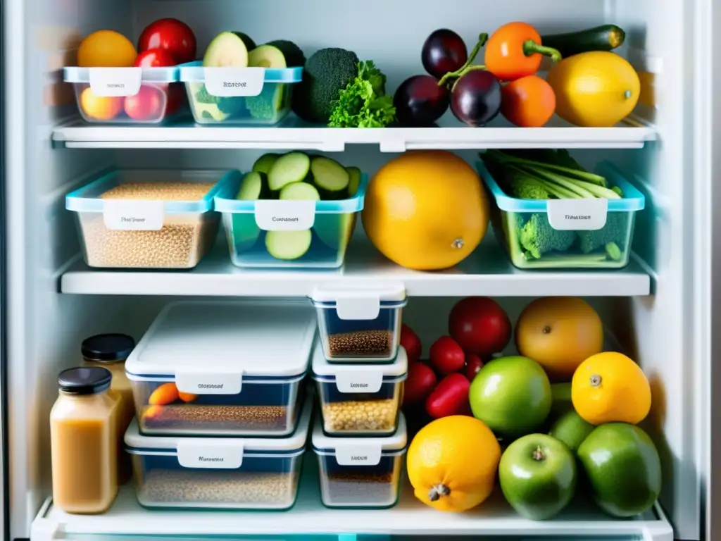 Refrigerador organizado con contenedores etiquetados de alimentos, reducción de desperdicio alimentario en casa