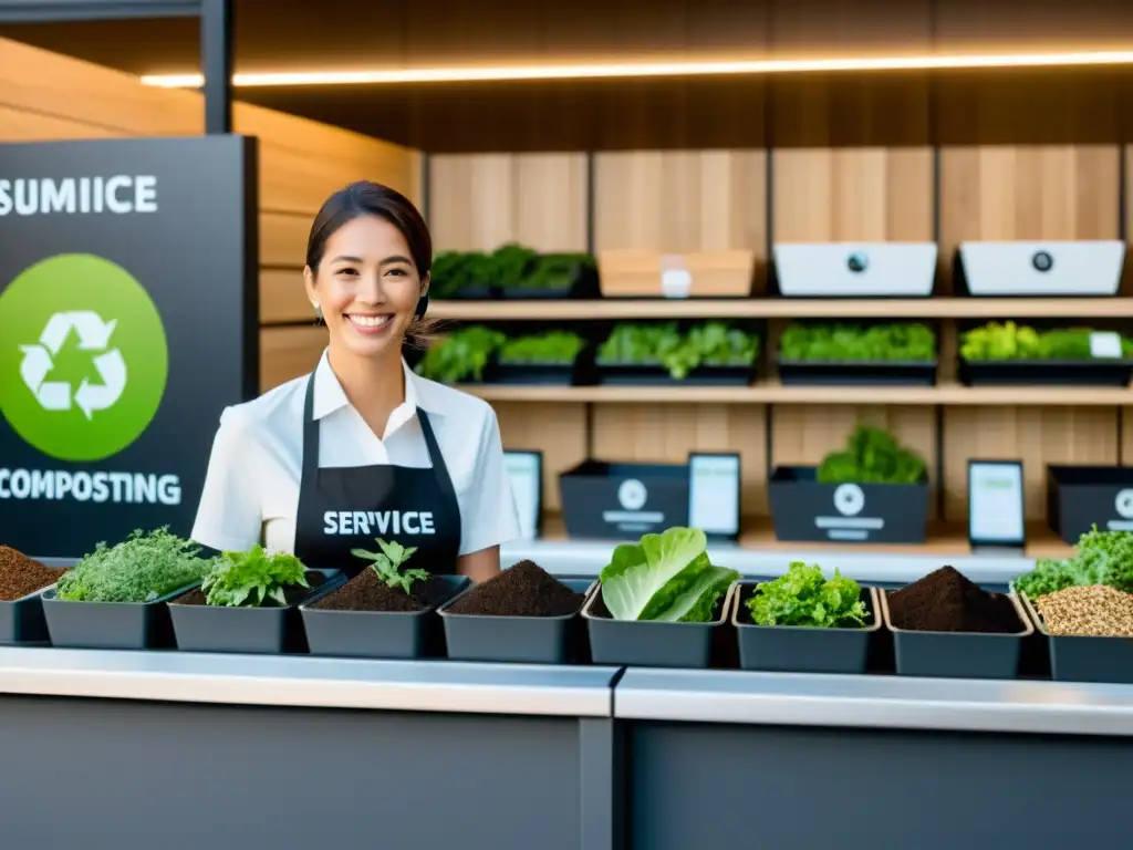 Representante de atención al cliente sonriente asistiendo en negocio de compostaje moderno