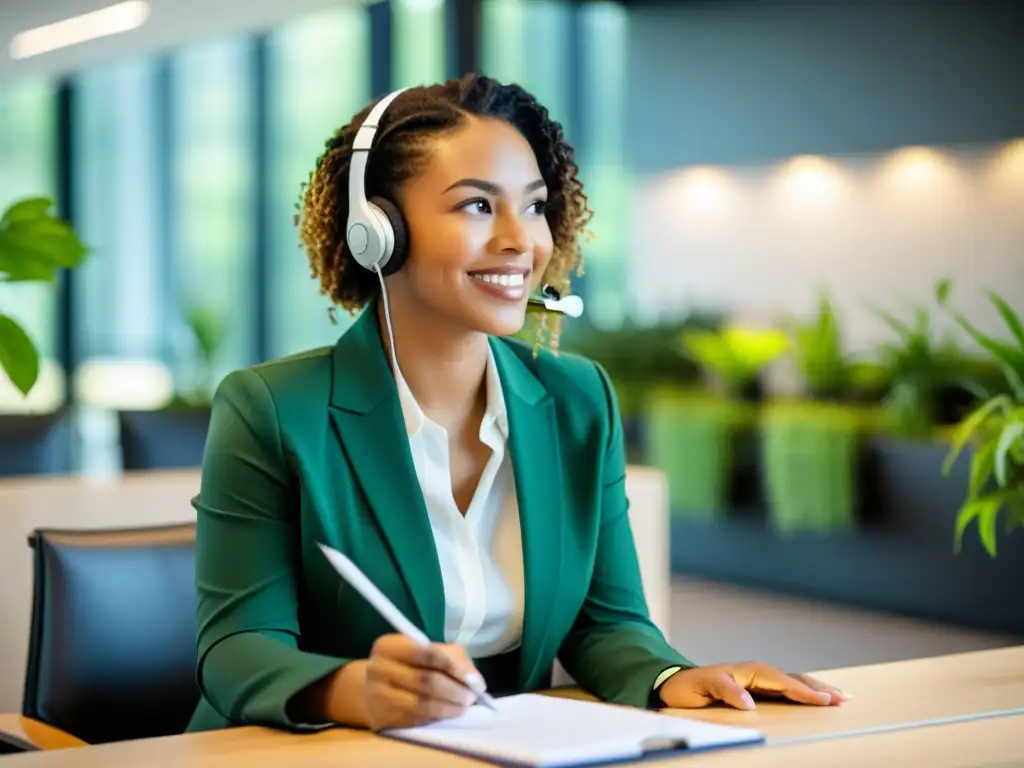 Representante de servicio al cliente escuchando atentamente y tomando notas en oficina ecológica