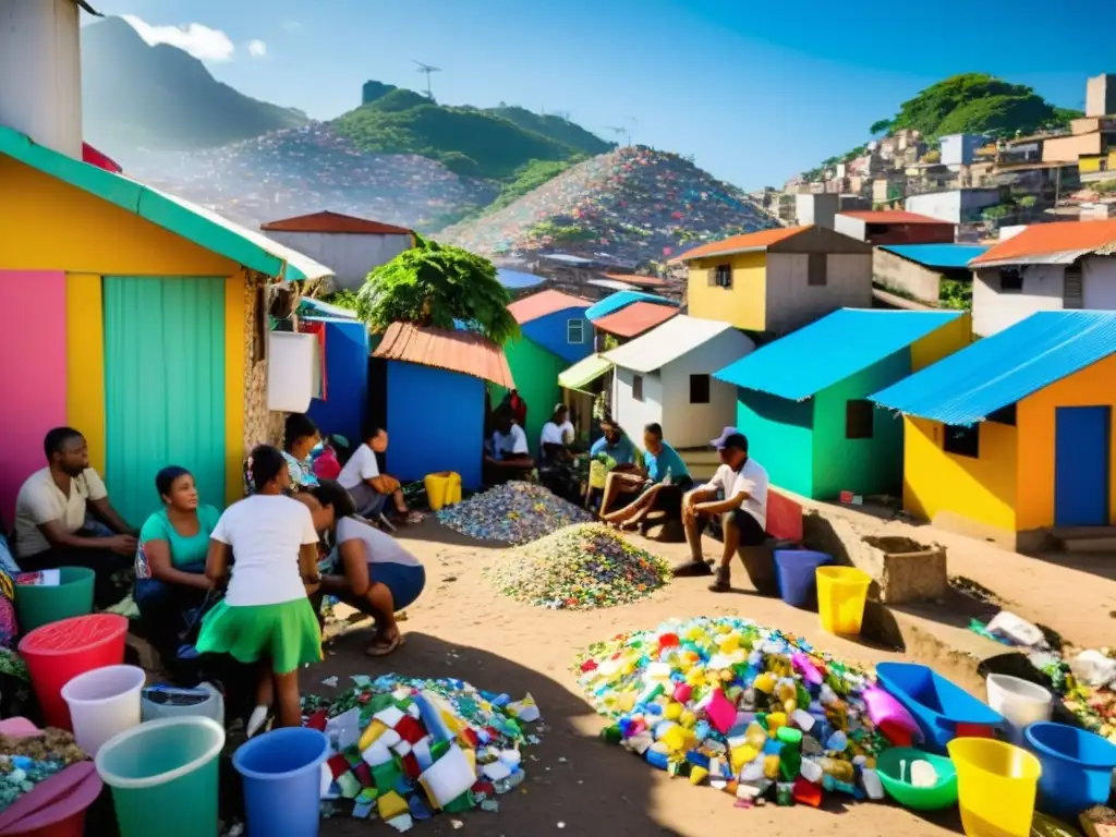 Residentes en favela de Brasil clasificando materiales reciclables, destacando la lucha por el reciclaje en favelas de Brasil