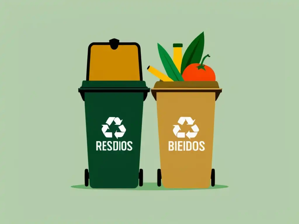 División de residuos en casa para tratamiento adecuado: residuos biodegradables y no biodegradables en ilustración minimalista