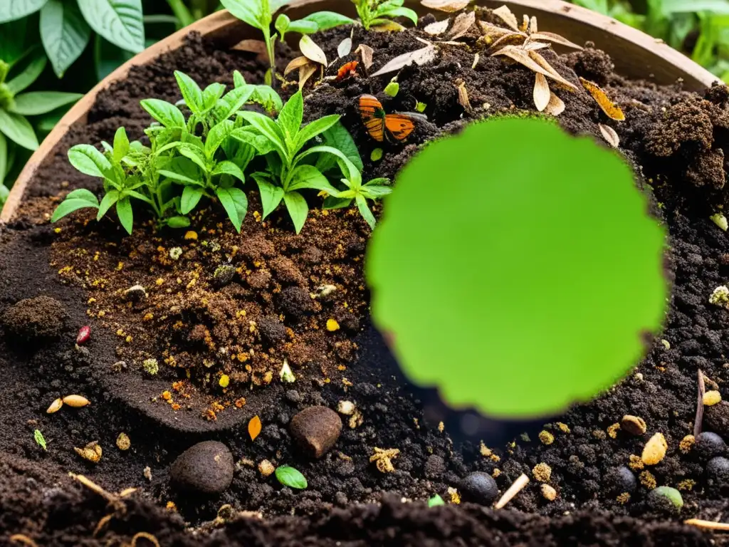 Un retrato detallado de un próspero montón de compost en un jardín comunitario, resaltando la belleza y sostenibilidad del proceso de compostaje