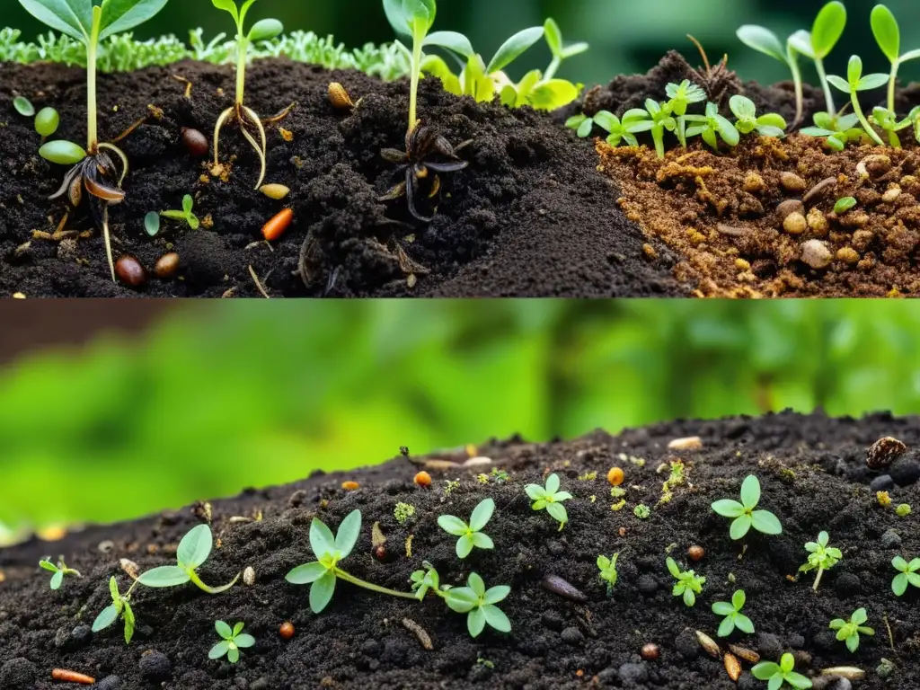 Un retrato detallado y profundo de un montón de compost, mostrando capas de materiales orgánicos en descomposición y vapor