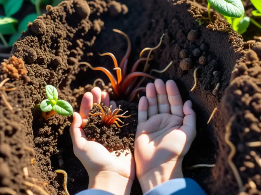 Rica y oscura compost con lombrices y microorganismos beneficiosos