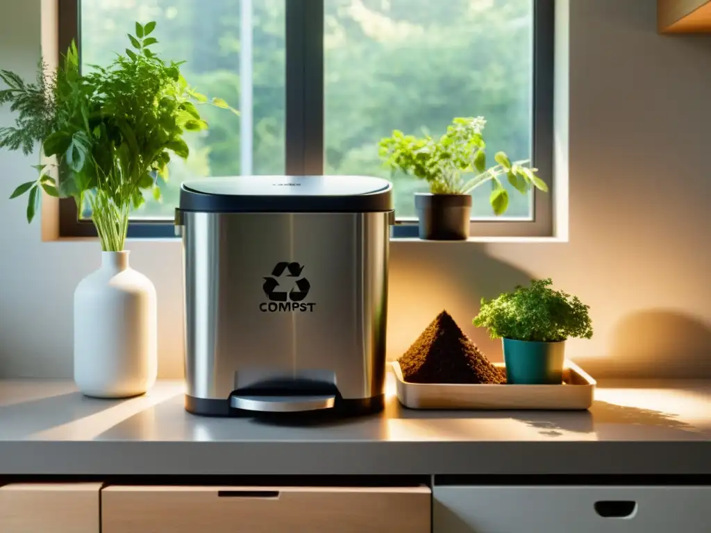 Un rincón ecoamigable en la cocina con un equipo para compostaje en casa, rodeado de hierbas y luz natural cálida