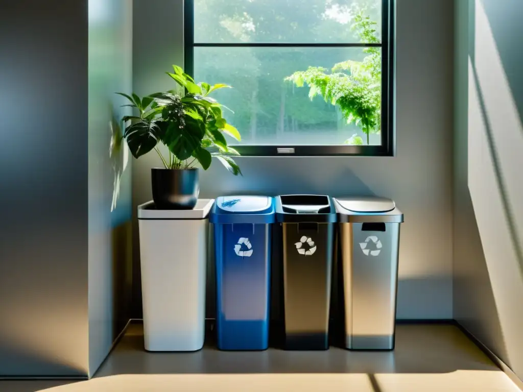 Un rincón moderno de reciclaje en casa, con contenedores para vidrio, plástico, papel y metal