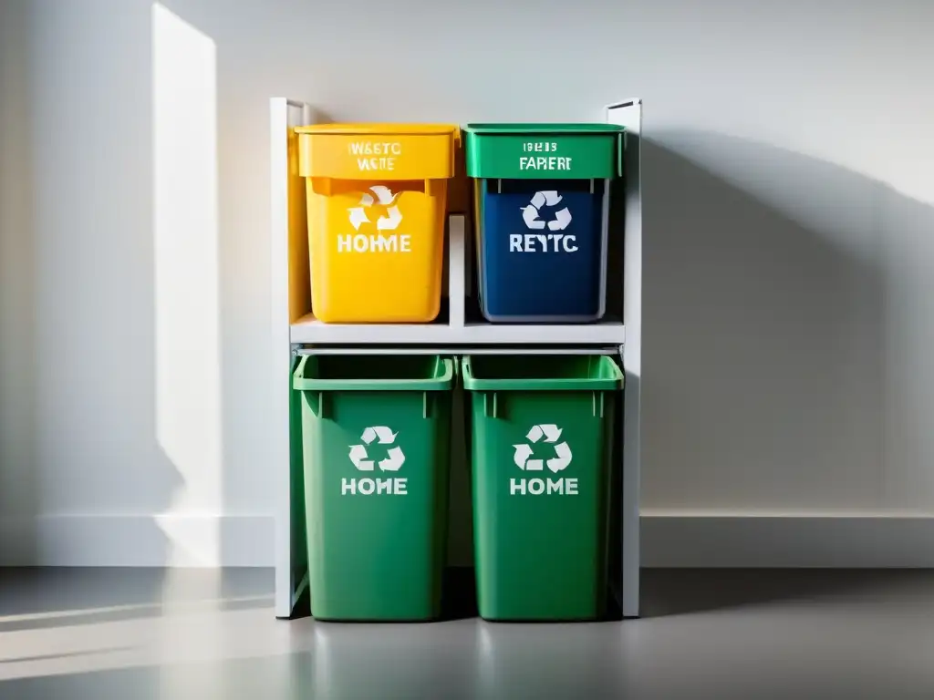 Un rincón de reciclaje en casa, con contenedores ordenados para vidrio, plástico, papel y metal