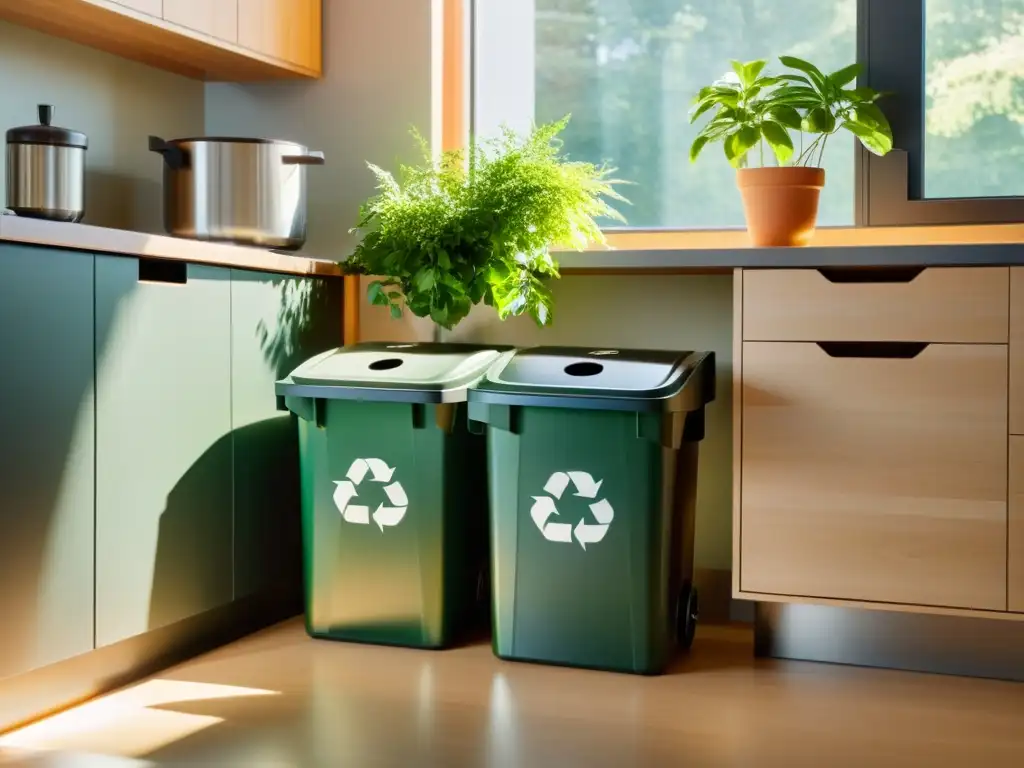 Un rincón de reciclaje en una cocina moderna, con contenedores etiquetados para vidrio, plástico, papel y metal