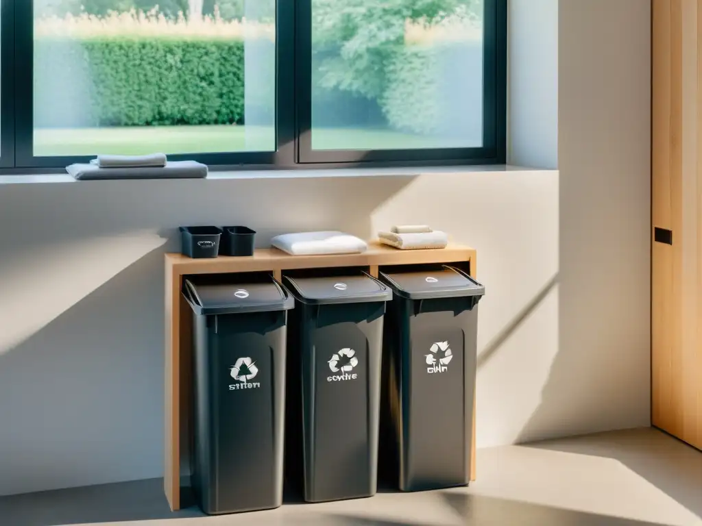 Un rincón de reciclaje de moda sostenible en un hogar moderno, organizado y bañado por luz natural