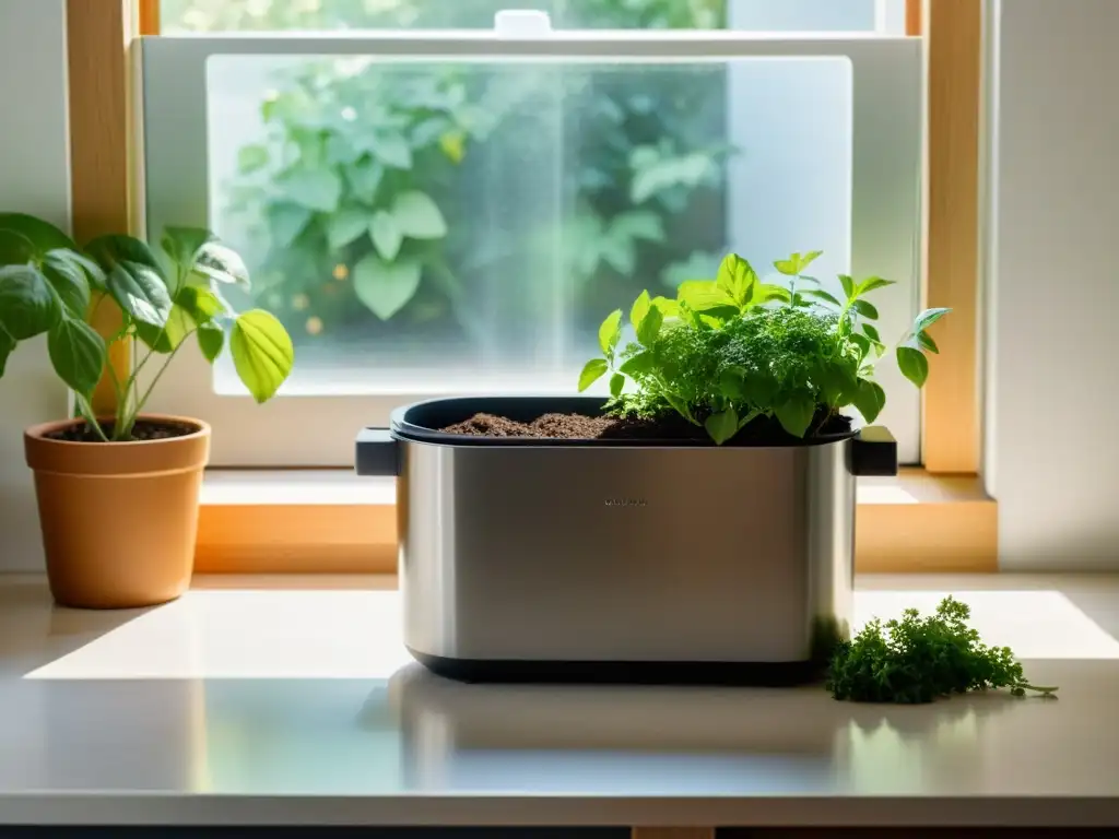 Un rincón sereno de la cocina con compostaje y plantas