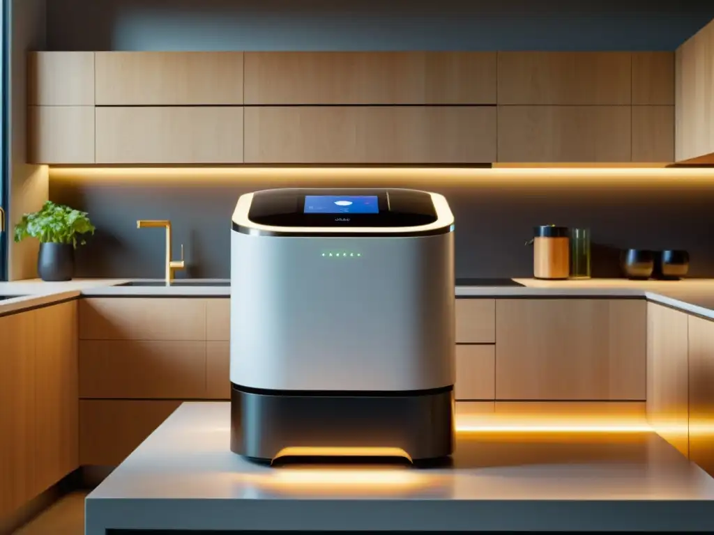 Un robot compostador para reciclaje doméstico integrado en una cocina moderna, procesando residuos orgánicos con eficiencia y un cálido resplandor