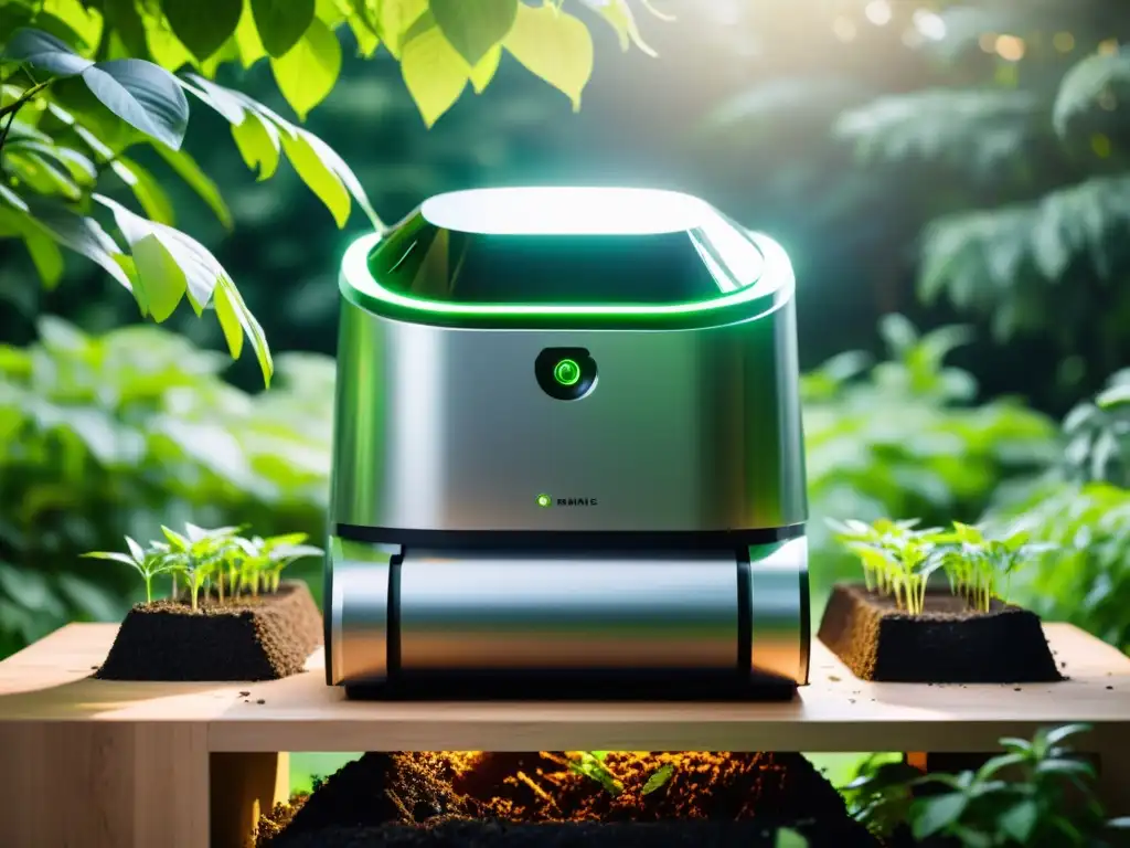 Un robot compostador para reciclaje doméstico aerando desechos orgánicos en medio de exuberante follaje