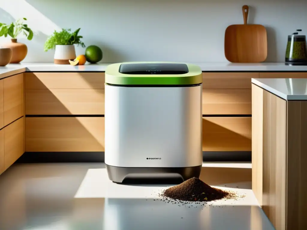 Un robot compostador para reciclaje doméstico procesa desechos orgánicos en una cocina moderna y ecológica