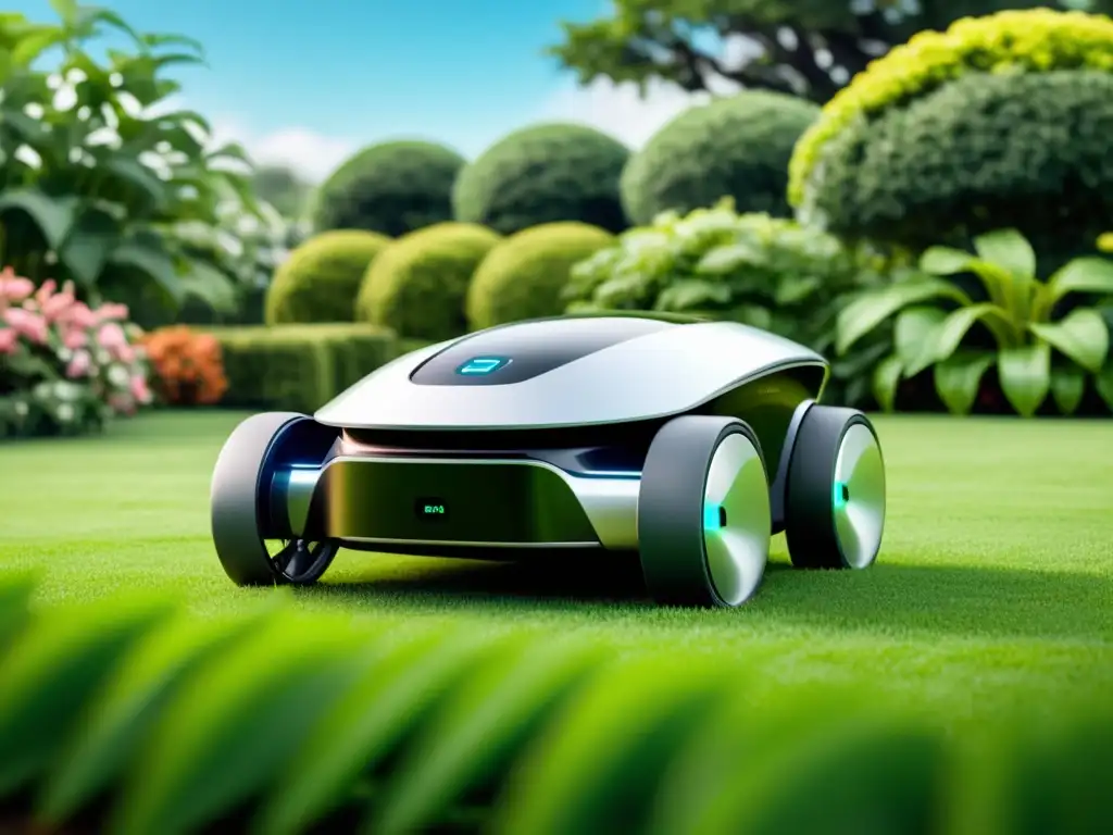 Robot de jardinería ecoamigable surcando un jardín perfectamente cuidado entre plantas vibrantes en una imagen 8k detallada