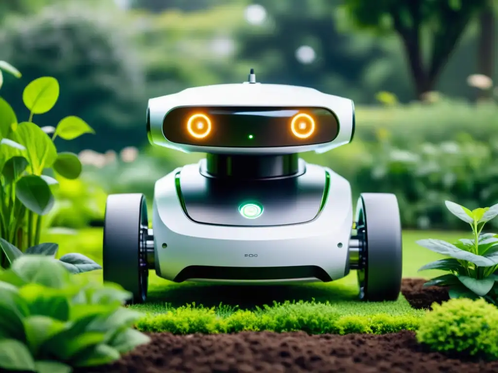 Un robot de jardinería ecoamigable en acción, destacando su diseño futurista y su integración perfecta en un entorno de jardín sostenible