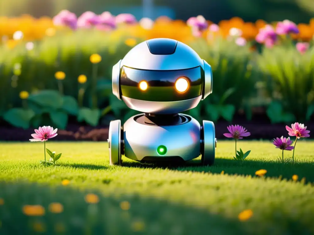 Un robot de jardinería ecoamigable con diseño futurista, rodeado de flores coloridas y césped verde preciso