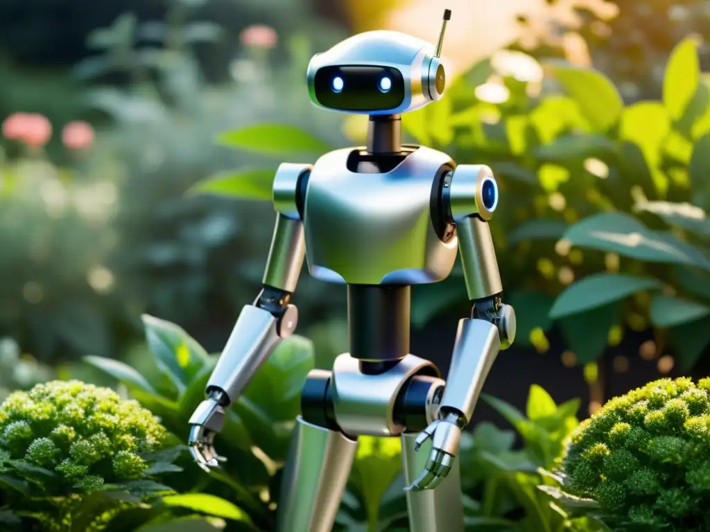 Un robot de jardinería ecoamigable, con elegante estructura metálica, cuida con precisión las plantas en un exuberante jardín bajo el cálido sol