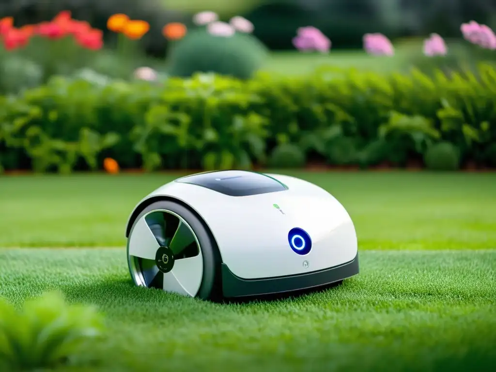 Robots de jardinería ecoamigables cuidando un jardín exuberante y vibrante