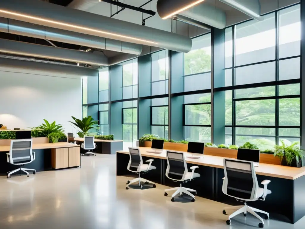 Sala de oficina moderna con diseño sostenible y plantas, reflejando la sostenibilidad en empresas verdes