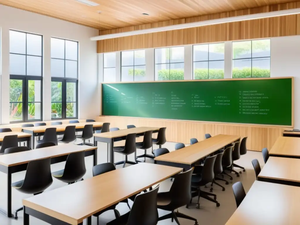 Salón de clases moderno con mobiliario de madera sostenible, iluminado por luz natural