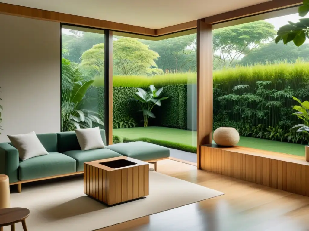 Un salón minimalista con diseño sostenible y reciclaje en casa, iluminado por luz natural y con vistas a un exuberante jardín