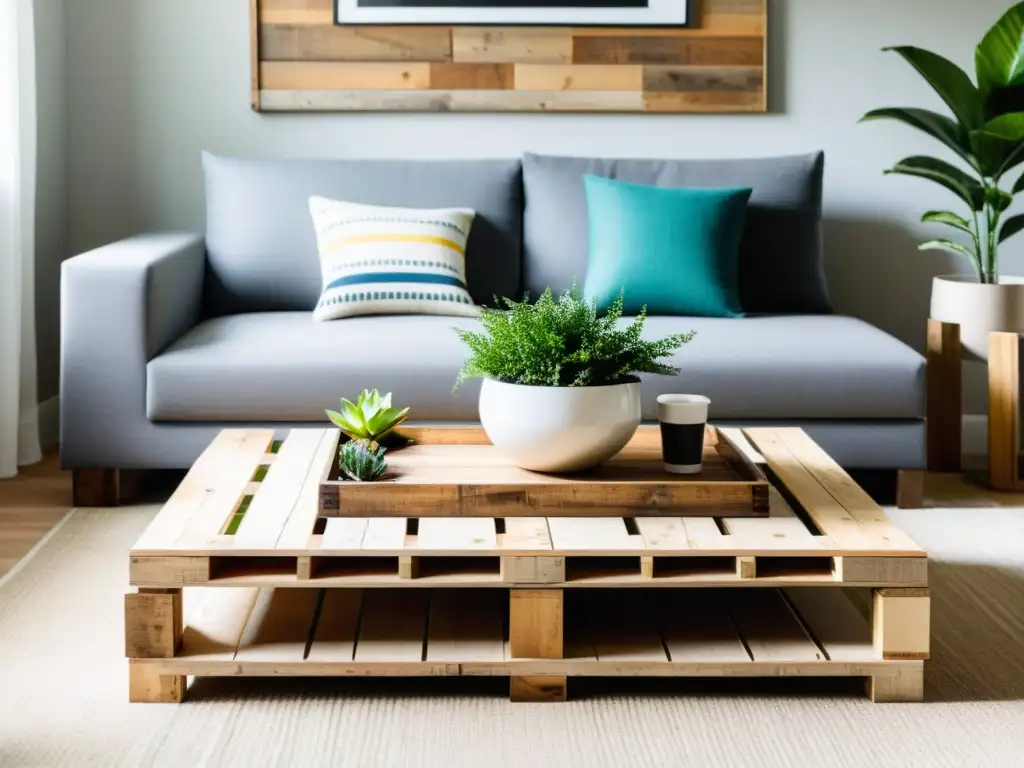 Salón moderno con decoración ecofriendly y mueble reciclado como centro de atención