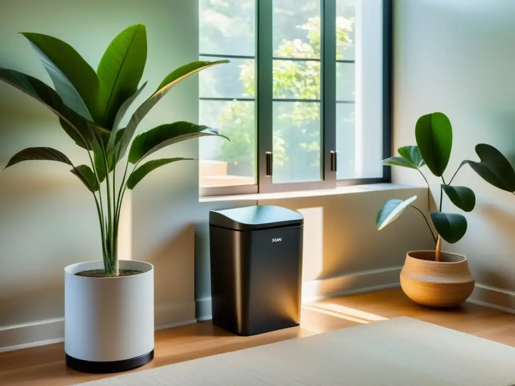 Un salón sereno y minimalista con un elegante contenedor de reciclaje, estratégias lúdicas para reciclaje hogar, iluminado por luz natural