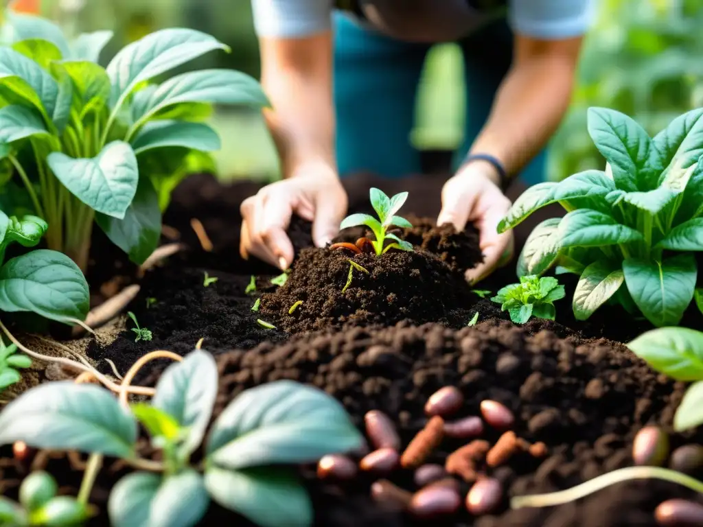 Un jardín saludable nutrido con compostaje para repeler plagas, tierra oscura repleta de vida y verduras vibrantes cuidadas por un jardinero