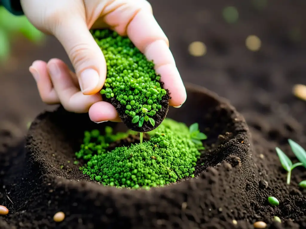 Semilla ecológica siendo plantada con cuidado en compost