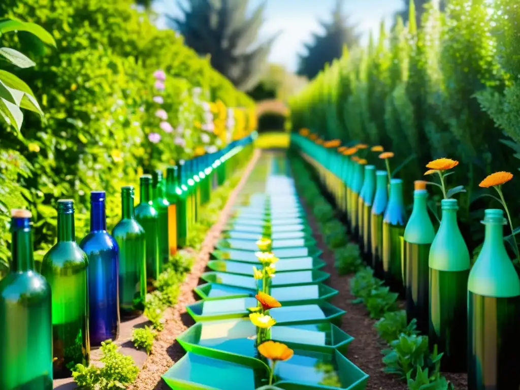 Sendero de jardín con botellas de vidrio recicladas, ideas creativas para un jardín ecológico con toque artístico