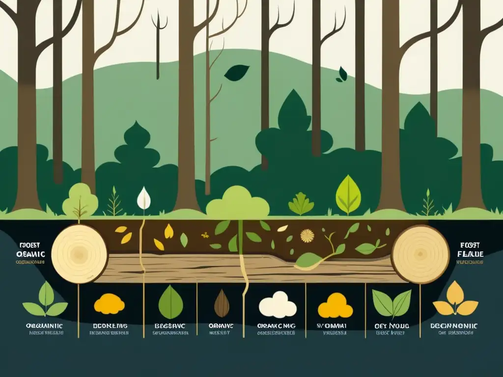 Ilustración serena de un ecosistema forestal con capas de materia orgánica en descomposición, mostrando el ciclo de la materia orgánica en ecosistemas