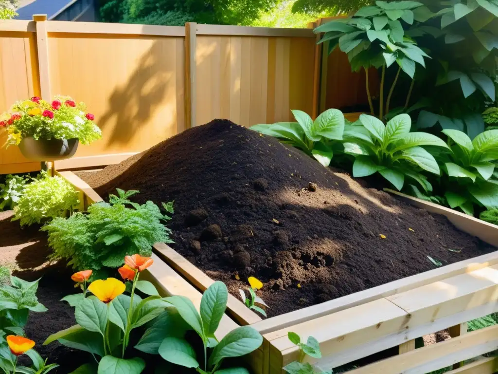 Un sereno jardín con compostaje rodeado de vegetación exuberante y flores vibrantes, reciclaje como respuesta a la crisis