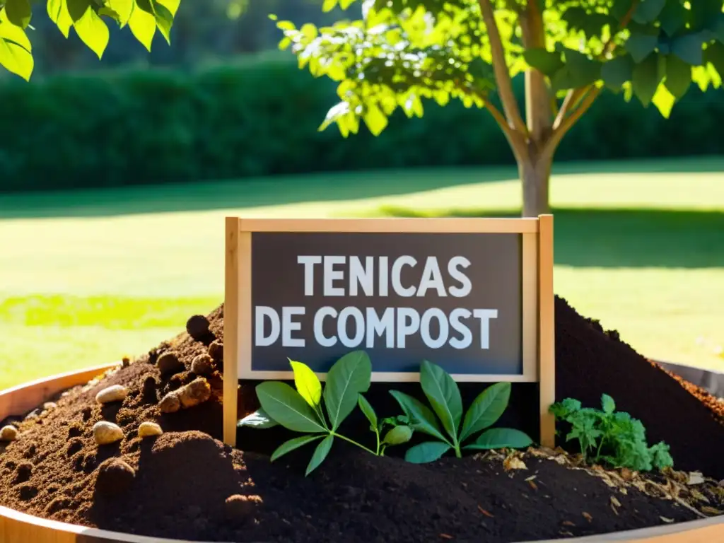 Un sereno montón de compost en el jardín, con capas de materiales compostables y un cartel de 'técnicas de compostaje en casa'