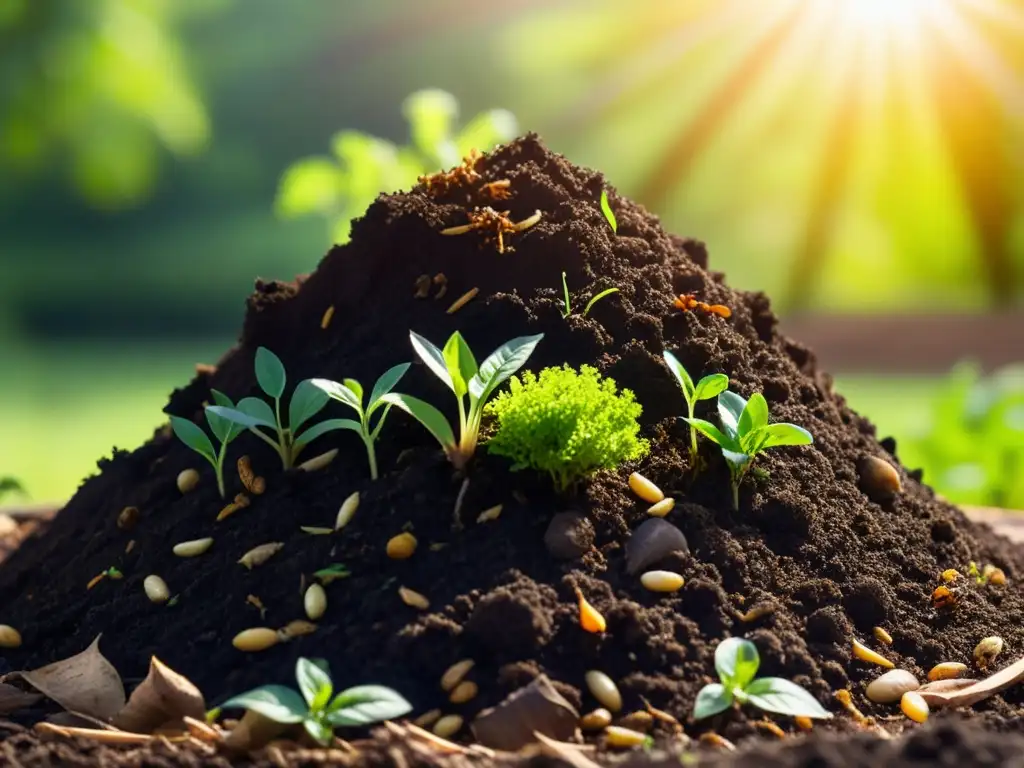 Un sereno montón de compost en un entorno natural, simbolizando el ciclo de vida y regeneración