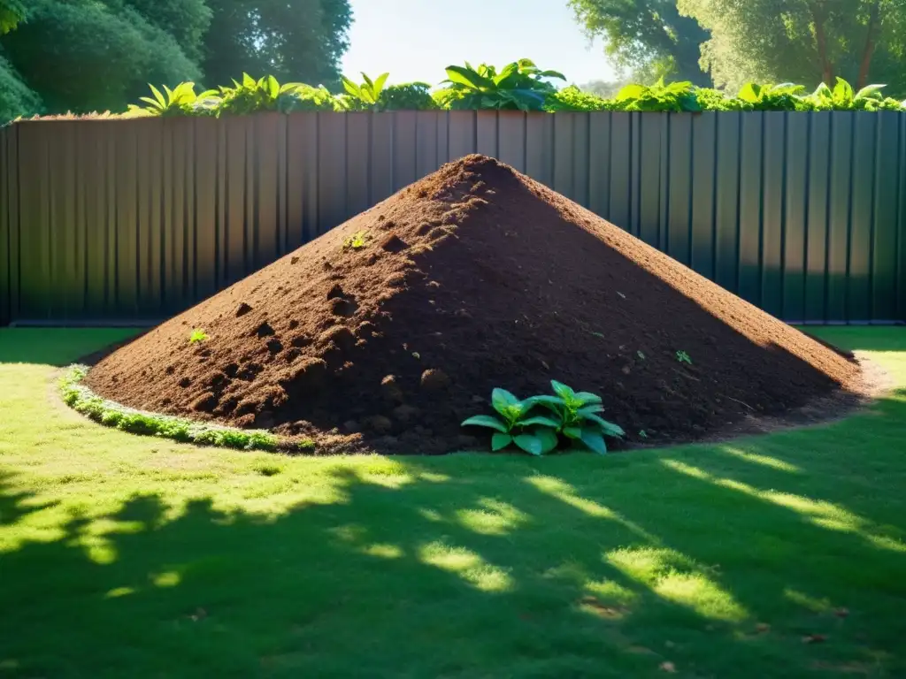 Un sereno montón de compost en un jardín, con materia orgánica de diferentes tipos apilada en capas