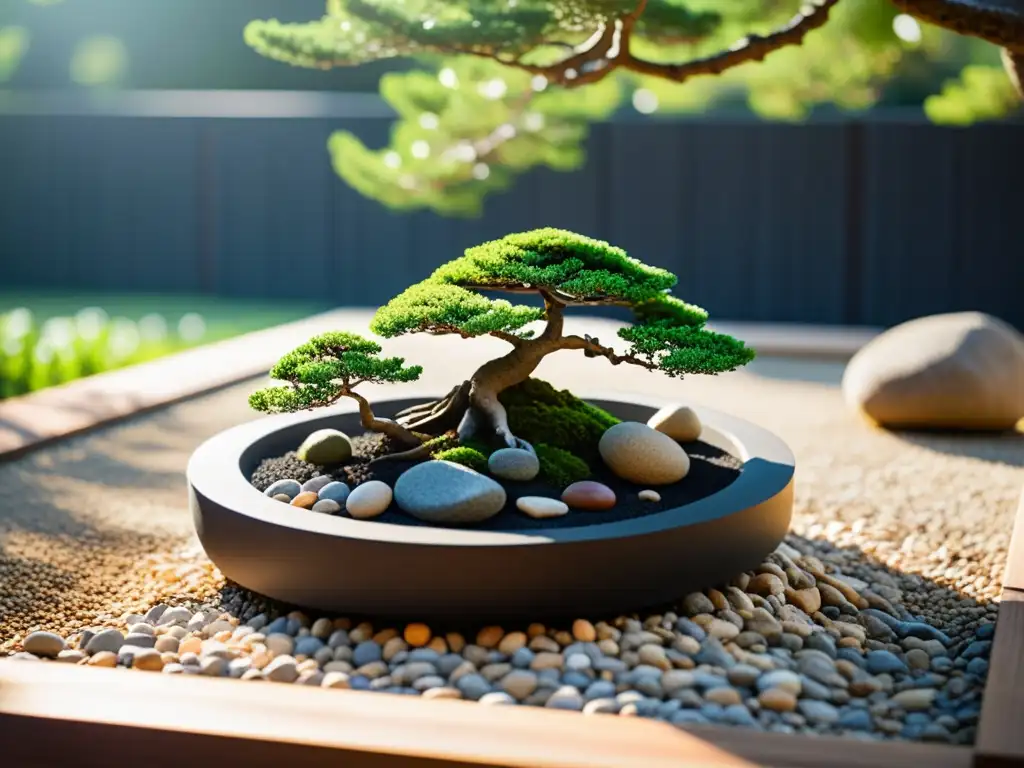 Un jardín zen sereno con rocas cuidadosamente dispuestas, grava rastrillada y un bonsái perfectamente podado en el centro