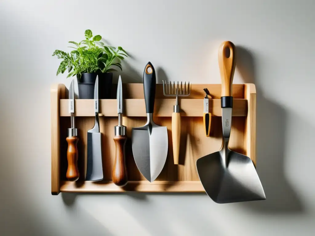 Un set de herramientas de jardinería ecológica, con diseño minimalista y elegante, colocado en un fondo blanco