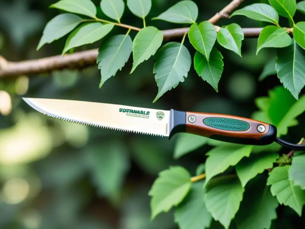 Una sierra de poda sostenible con mango de madera y hoja afilada, enmarcada por exuberante vegetación