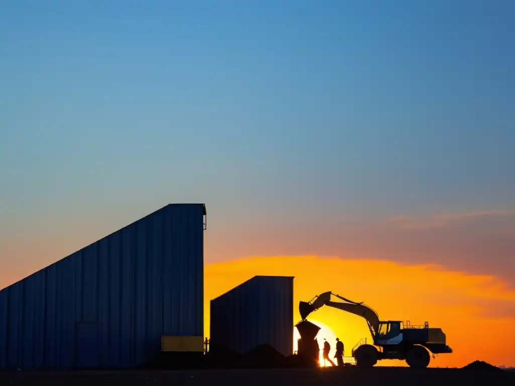 Silueta de trabajadores en planta de reciclaje al atardecer, transmitiendo eficiencia y oportunidades en la industria del reciclaje