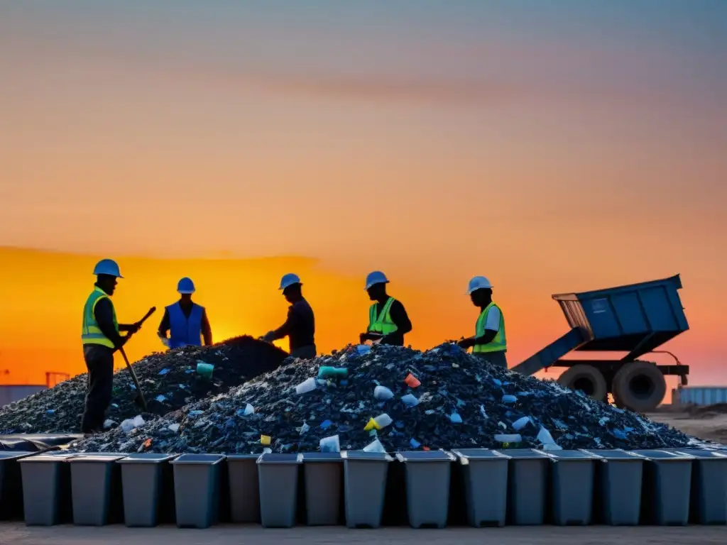 Silueta de trabajadores en planta de reciclaje al atardecer, desafiando ambiental del reciclaje de plásticos