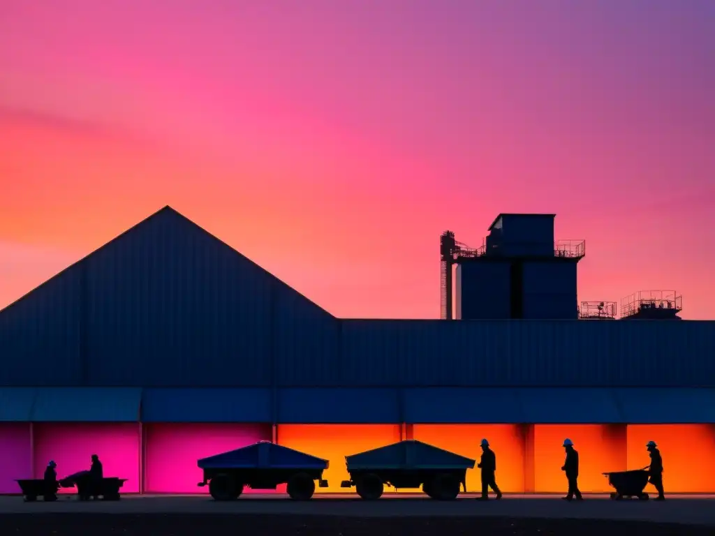 Silueta de trabajadores en planta de reciclaje al atardecer, con cielo naranja y rosa