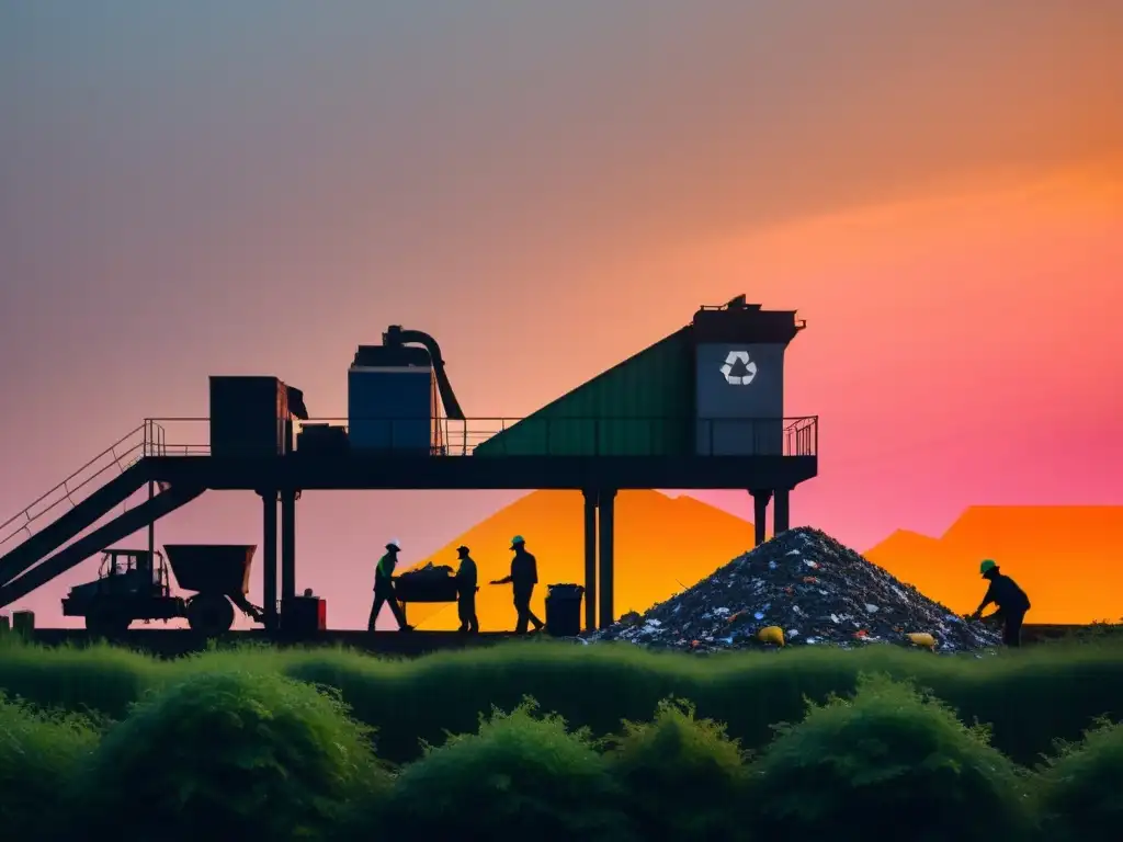 Silueta de trabajadores en planta de reciclaje al atardecer, rodeada de vegetación, transmite esperanza y oportunidades en la industria del reciclaje