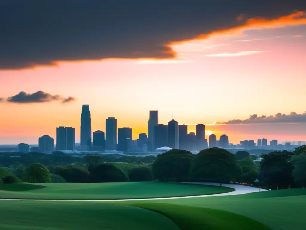 Silueta urbana al atardecer con parque verde y aire limpio, simbolizando el impacto de tecnologías emergentes en la contaminación atmosférica