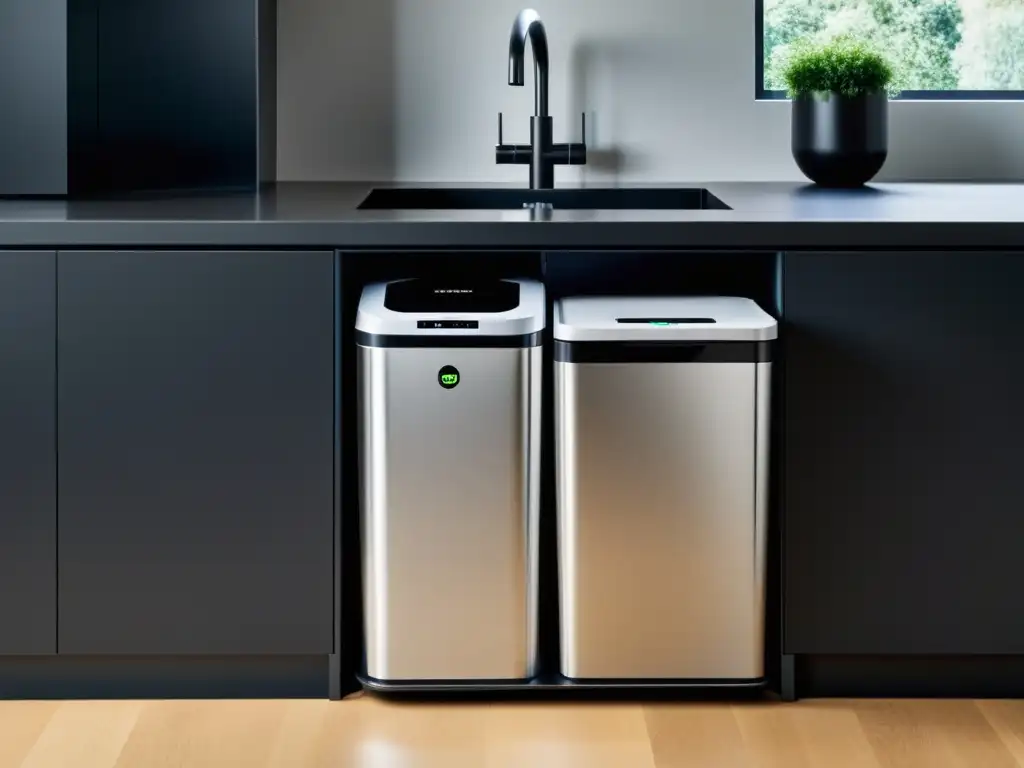 Sistema automatizado de reciclaje de residuos para hogar en cocina moderna y elegante