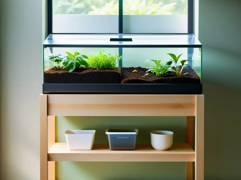 Un sistema de compostaje interior moderno y minimalista rodeado de plantas y artículos sostenibles, creando un ambiente sereno y ecológico para ideas rentables productos derivados compostaje